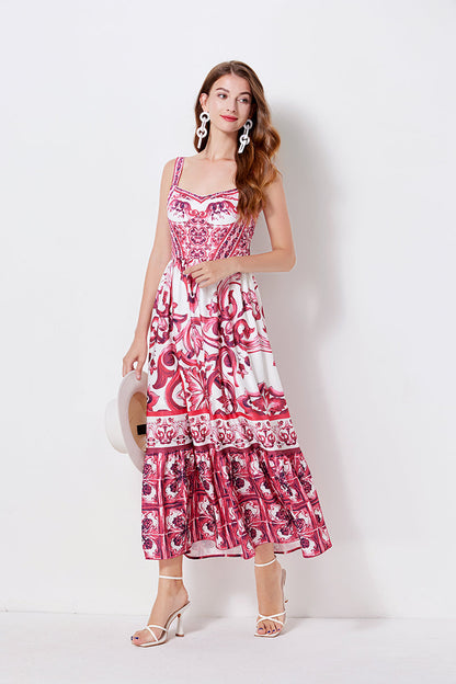 Print Position Halter Slim Waistline A Line Dress