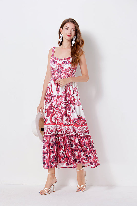 Print Position Halter Slim Waistline A Line Dress