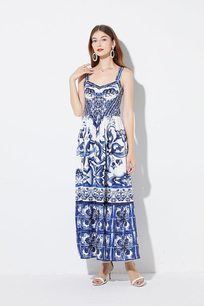 Print Position Halter Slim Waistline A Line Dress