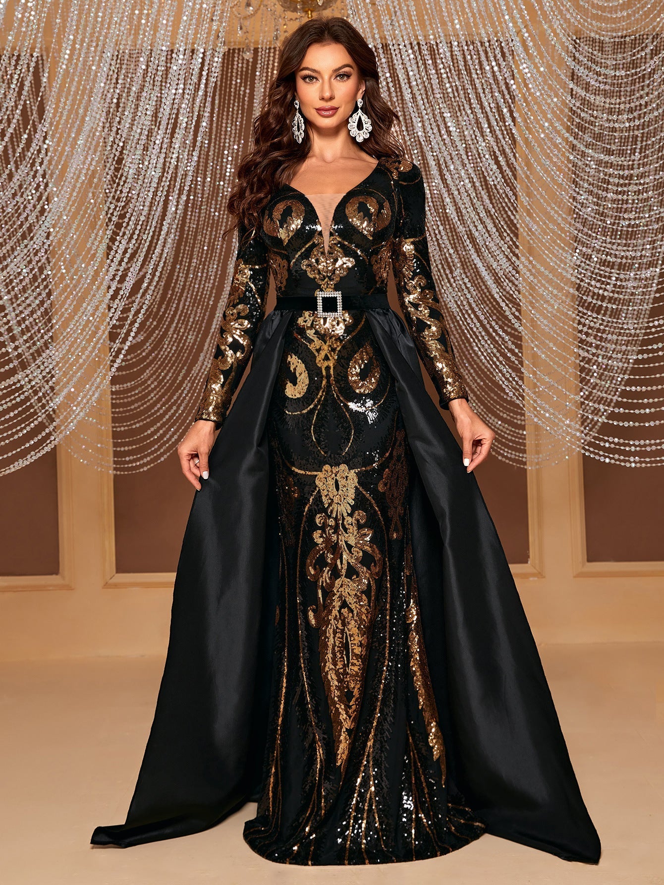 Heavy Work Evening Dress Sequined Long Sleeve Cape Party Dress Dress Elegant Cocktail Maxi Dress