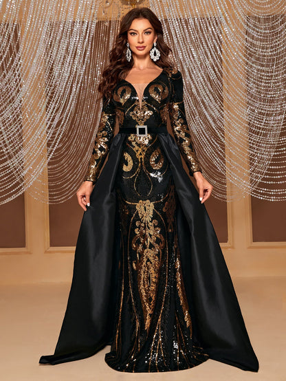 Heavy Work Evening Dress Sequined Long Sleeve Cape Party Dress Dress Elegant Cocktail Maxi Dress