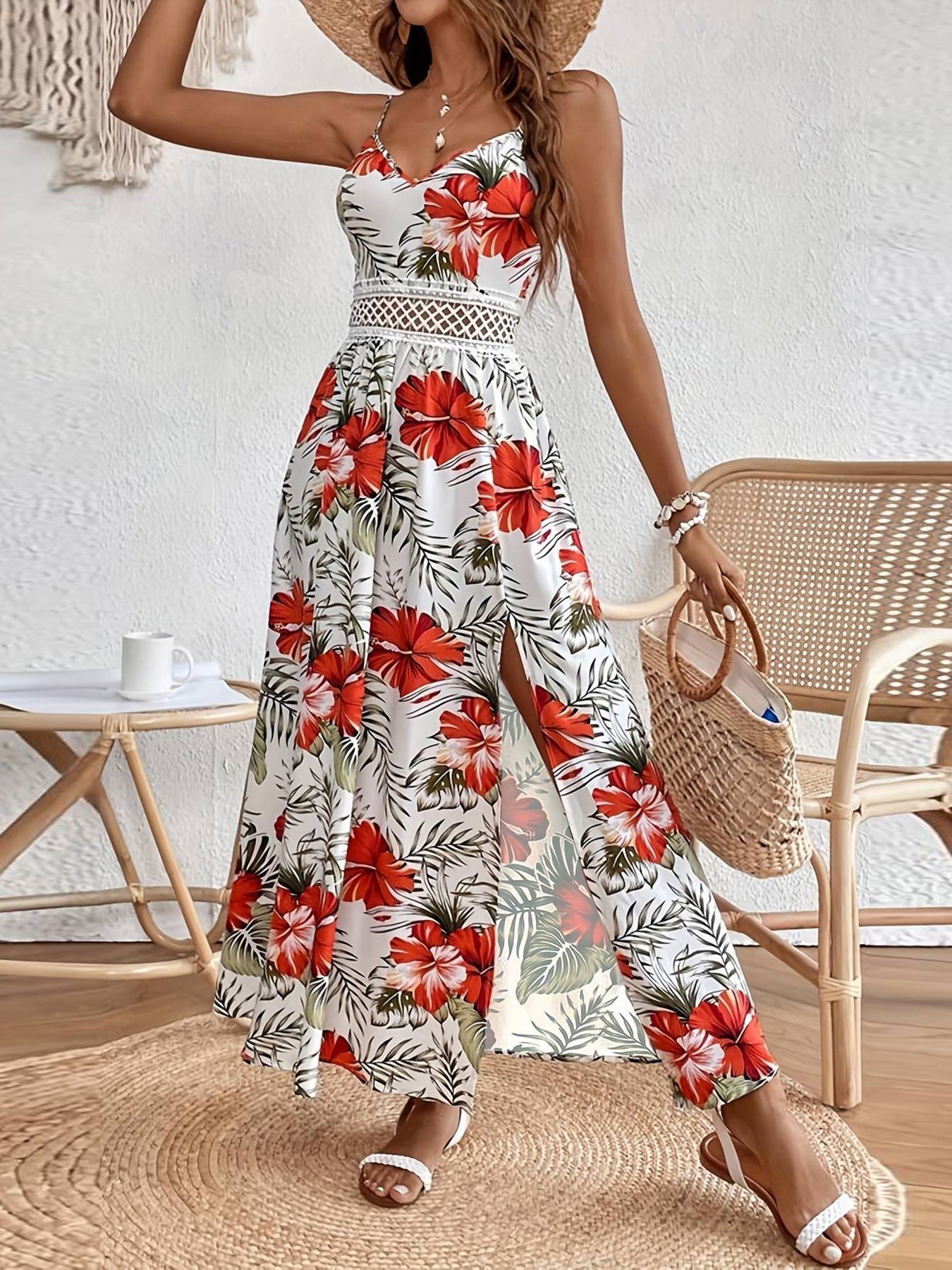 Bohemian Chiffon Printed Lace Suspender Burst Length Dress
