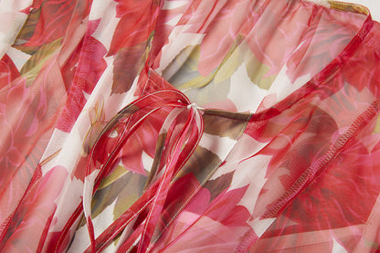 Gorgeous Red Flower Print Elegant High End Dress Sling Set