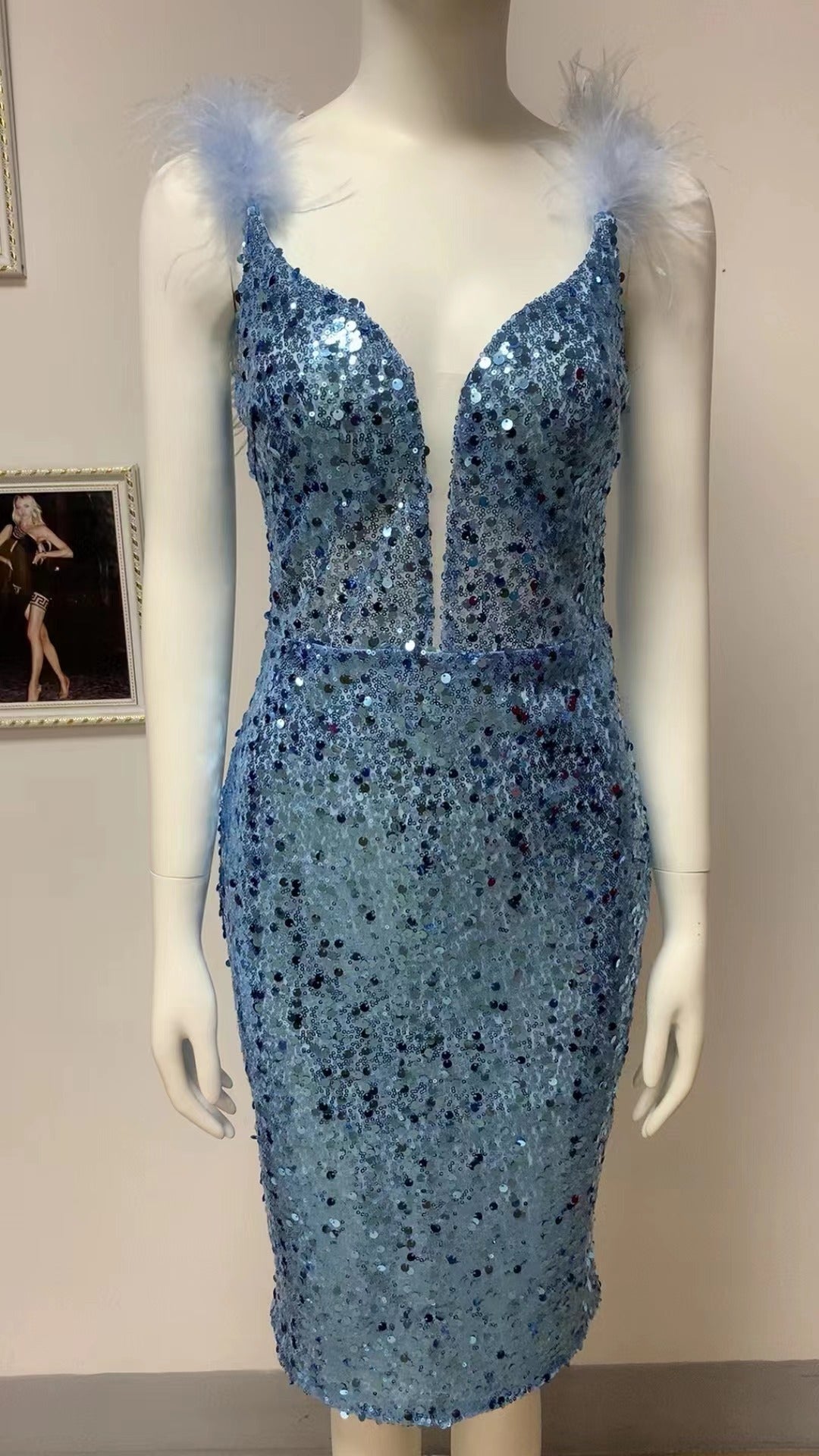 Blue Feather Deep V Plunge Sequined Sleeveless Nightclub Evening Dress Party