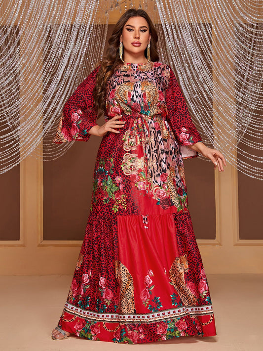 Plus Size Printed 3/4 Sleeves Dress Bright Red Featured Printed Maxi Dress