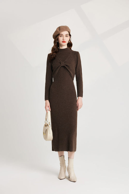 Thickened Bow Half High Neck Base Knitted Sweater Vest Dress Two Piece Set