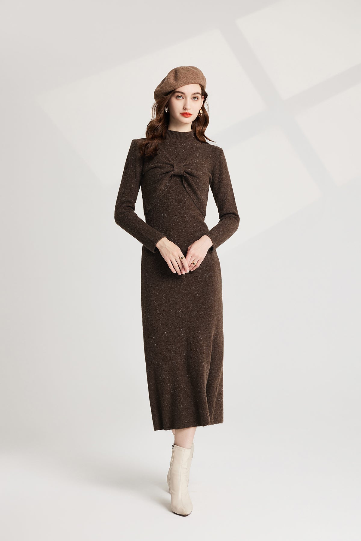 Thickened Bow Half High Neck Base Knitted Sweater Vest Dress Two Piece Set