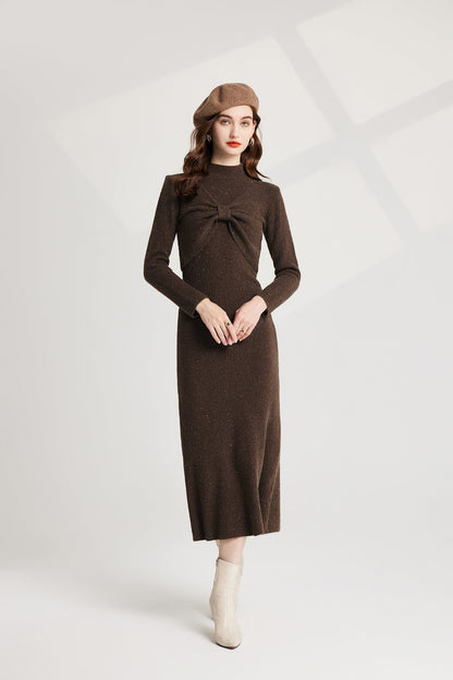 Thickened Bow Half High Neck Base Knitted Sweater Vest Dress Two Piece Set