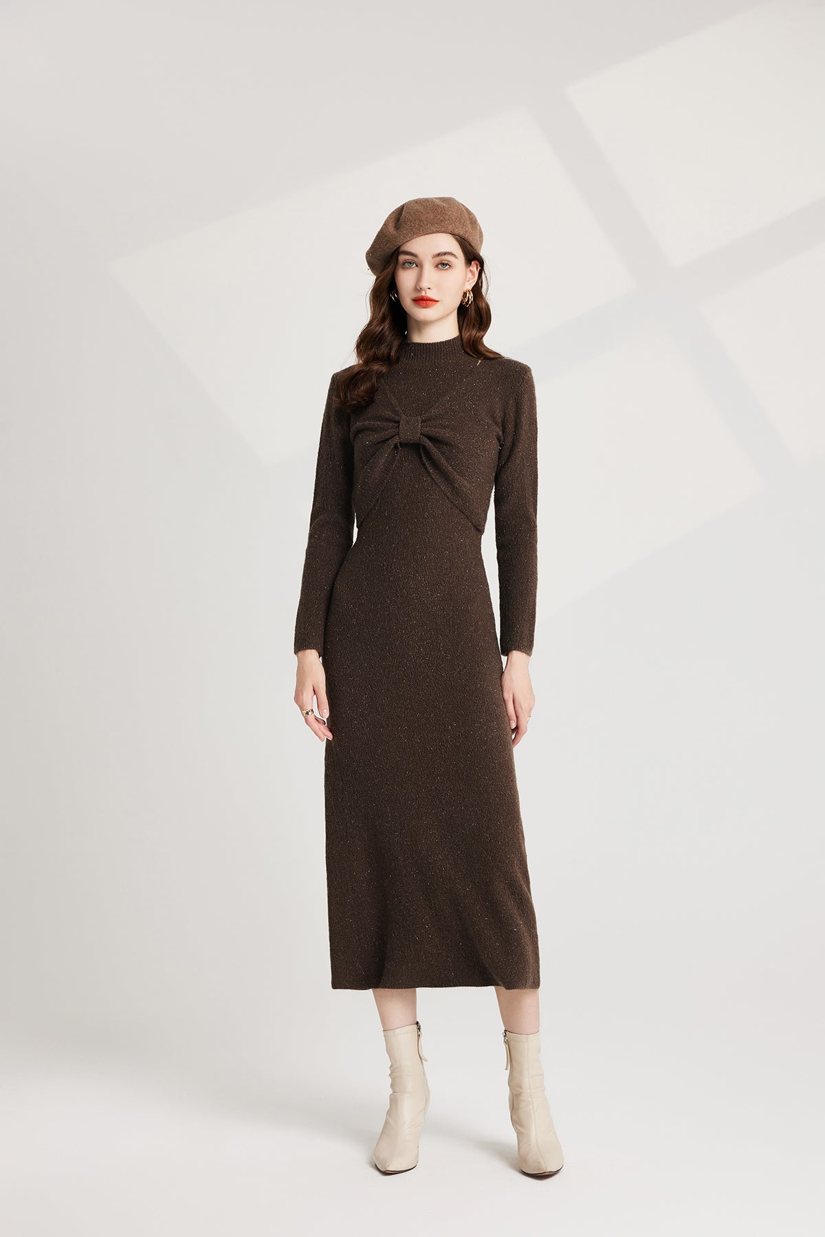 Thickened Bow Half High Neck Base Knitted Sweater Vest Dress Two Piece Set