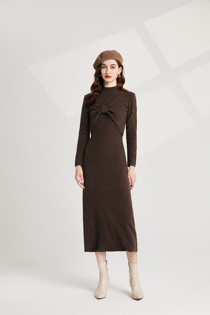 Thickened Bow Half High Neck Base Knitted Sweater Vest Dress Two Piece Set