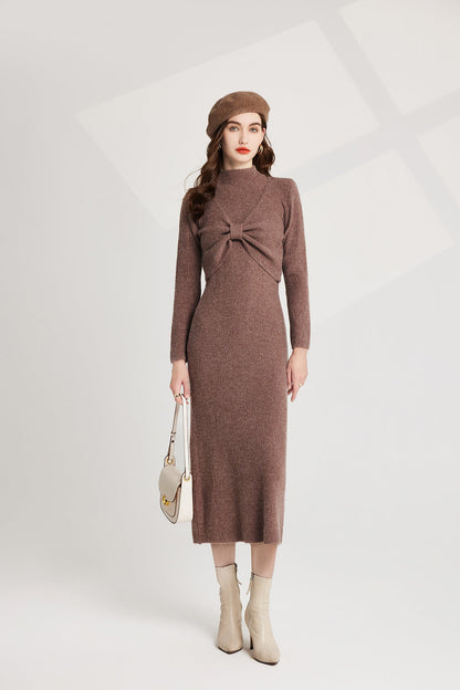 Thickened Bow Half High Neck Base Knitted Sweater Vest Dress Two Piece Set