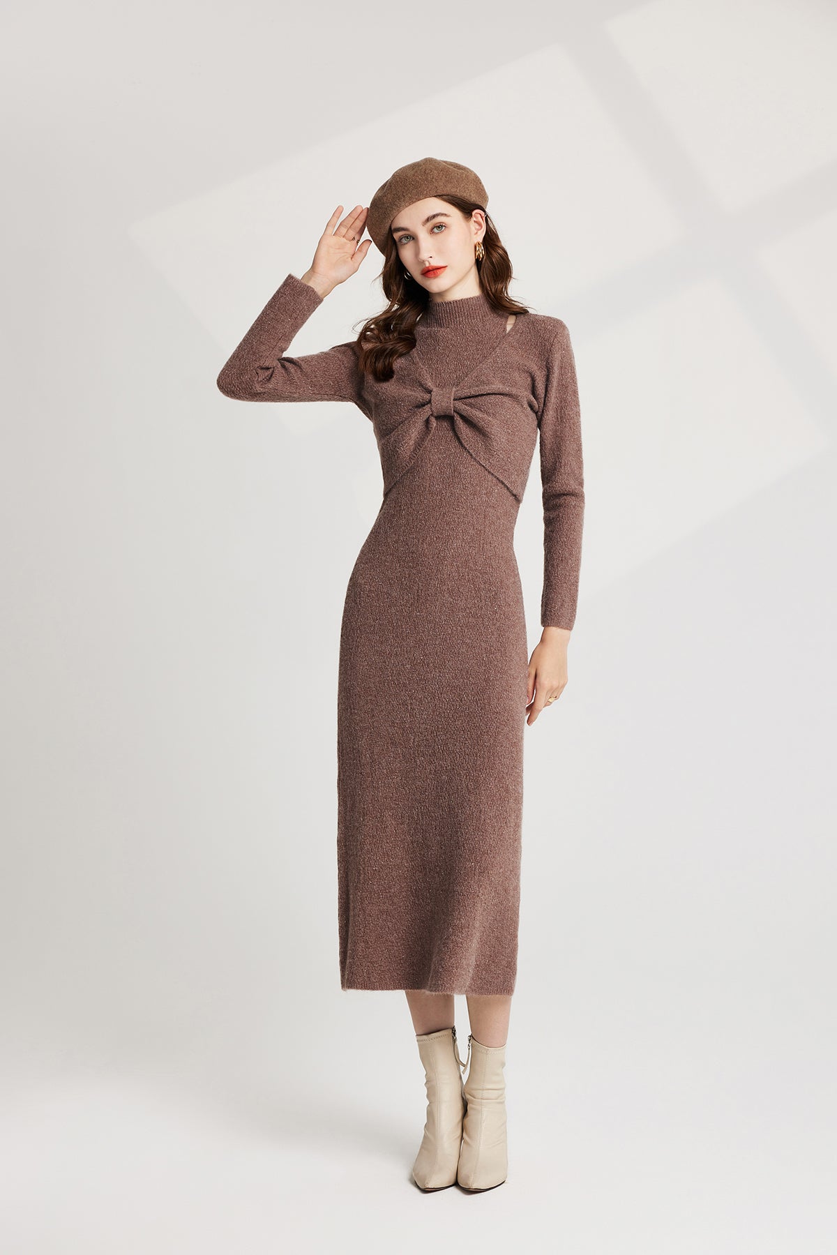 Thickened Bow Half High Neck Base Knitted Sweater Vest Dress Two Piece Set