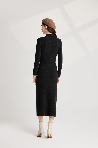 Thickened Bow Half High Neck Base Knitted Sweater Vest Dress Two Piece Set