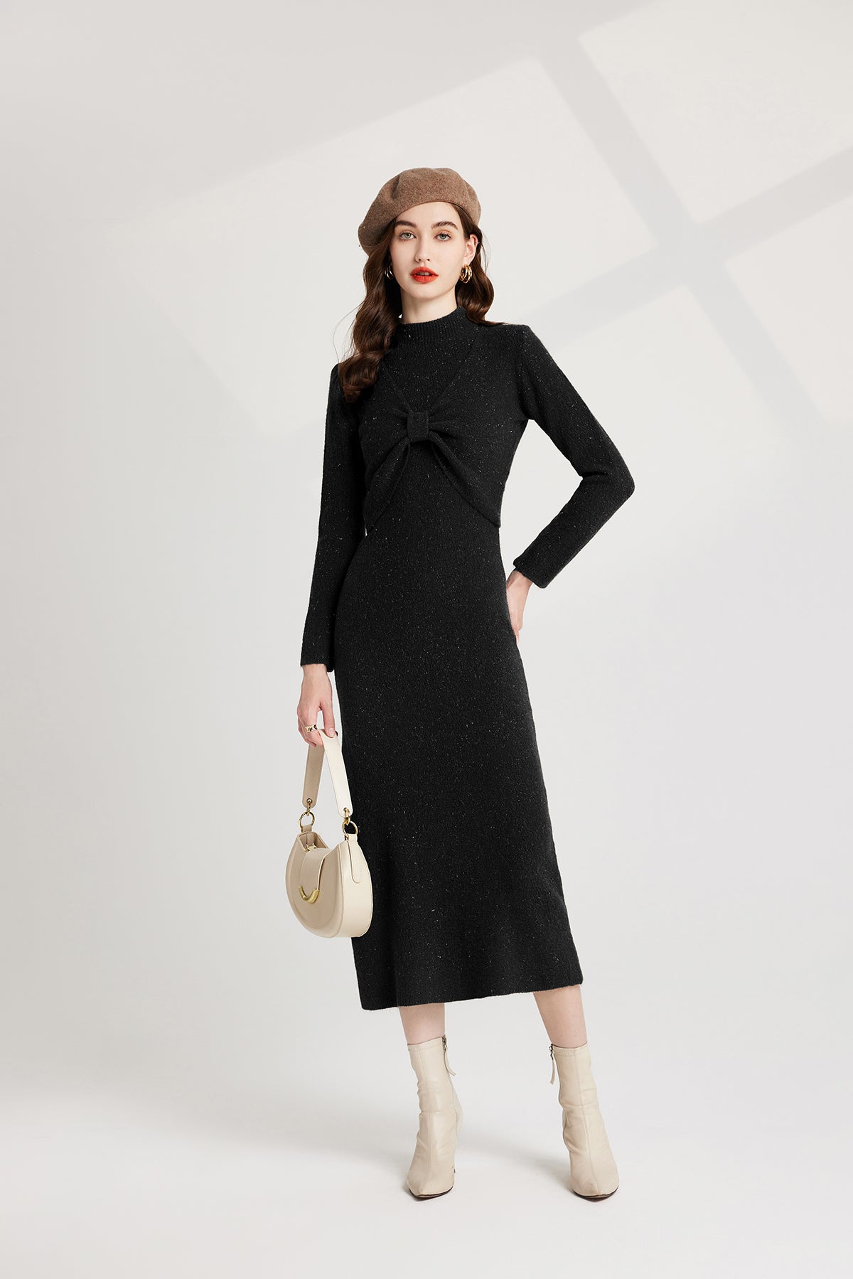 Thickened Bow Half High Neck Base Knitted Sweater Vest Dress Two Piece Set