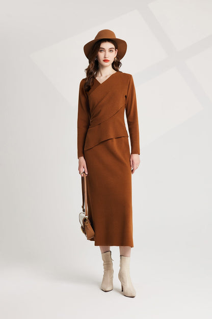 Thickened Base Knitted Sweater Vest Dress Two Piece Set