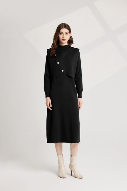 Thickened Distinctive Semi High Neck Base Knitted Vest Long Sleeved Dress Two Piece Set