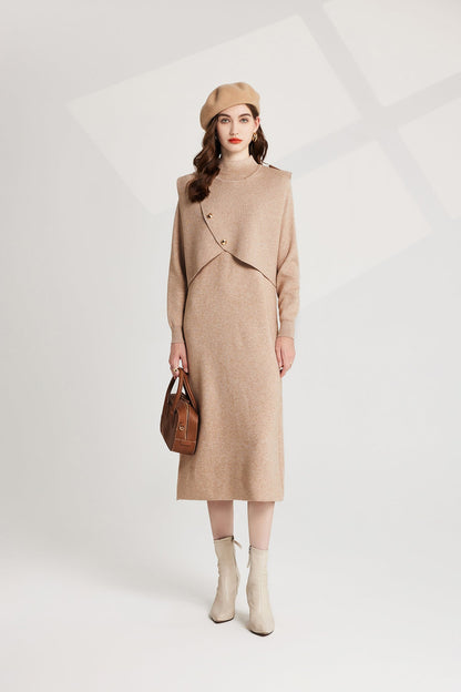 Thickened Distinctive Semi High Neck Base Knitted Vest Long Sleeved Dress Two Piece Set