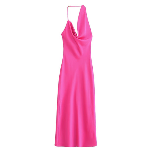 Asymmetric Silk Satin Texture Underwear Midi Halter Dress