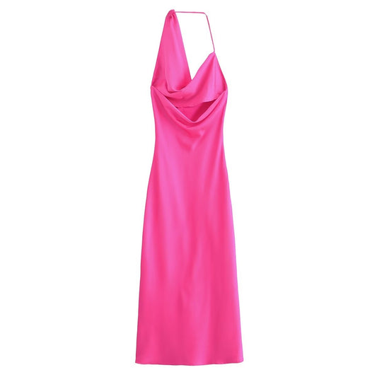 Asymmetric Silk Satin Texture Underwear Midi Halter Dress