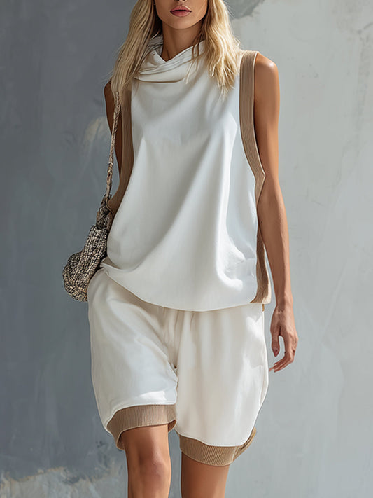 Casual Sportswear  White Cotton Hooded Vest And Shorts Set