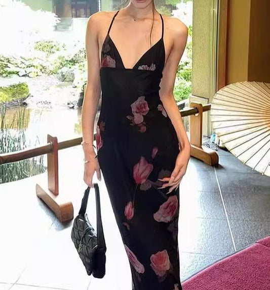 V Neck Backless Personalized Stylish Print Halter Lace Up Dress