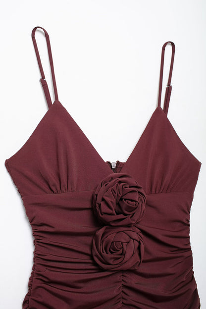 French Floral Decoration V Neck Midi Dress