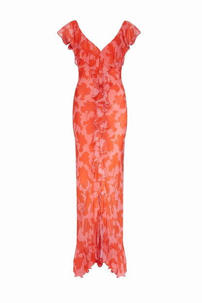 Sunlight Lotus｜Chiffon Ruffle Maxi Dress