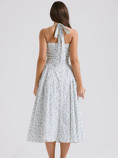 White Halter Backless Dress with Bluebell Floral Print