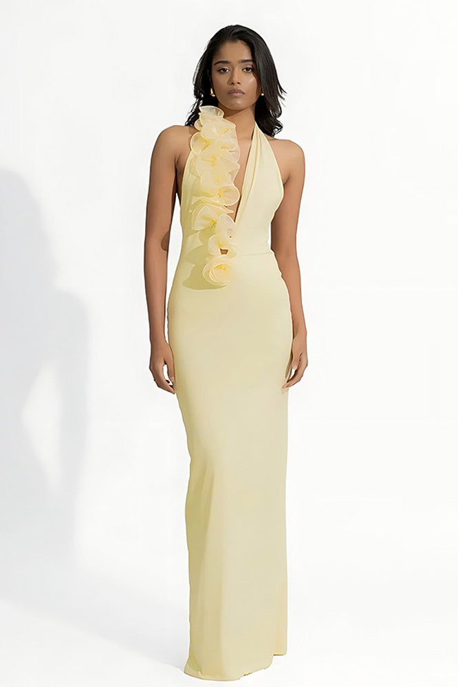 Asymmetry Lemon 3D Floral Halter Maxi Dress