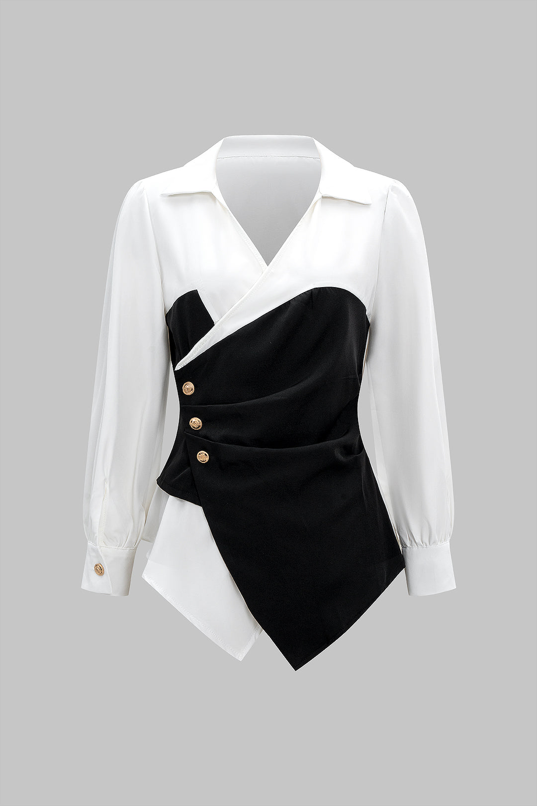 Metallic Decor Contrast Pleated V-Neck Long-Sleeve Shirt