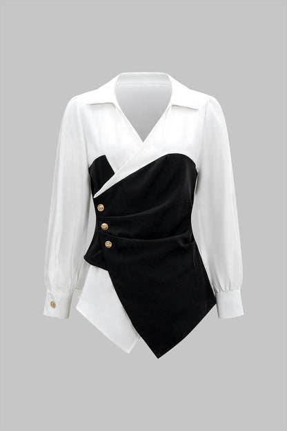 Metallic Decor Contrast Pleated V-Neck Long-Sleeve Shirt