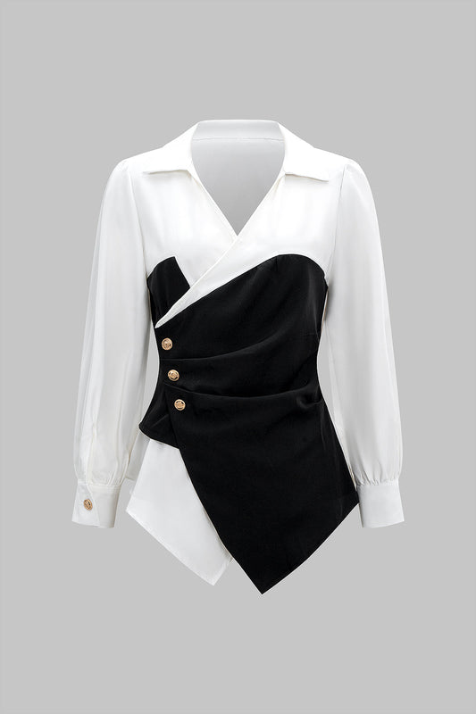 Metallic Decor Contrast Pleated V-Neck Long-Sleeve Shirt