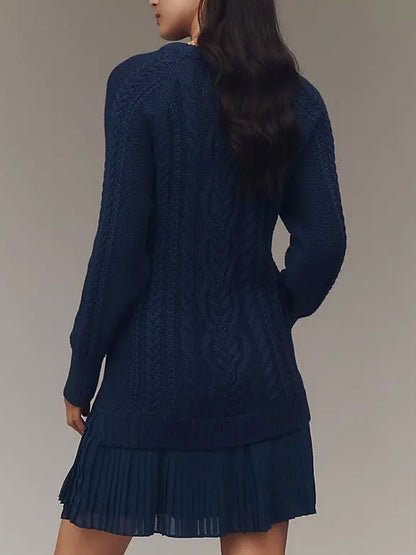 Daily Chiffon Beige Round Neck Long Sleeve Contrast Casual Knitted Mini Dresses