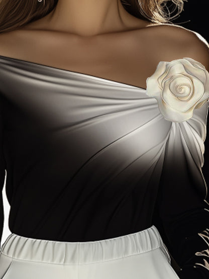 24-Hour-Shipping One-Shoulder Gradient Long-Sleeve T-Shirt With 3D Floral Embellishments