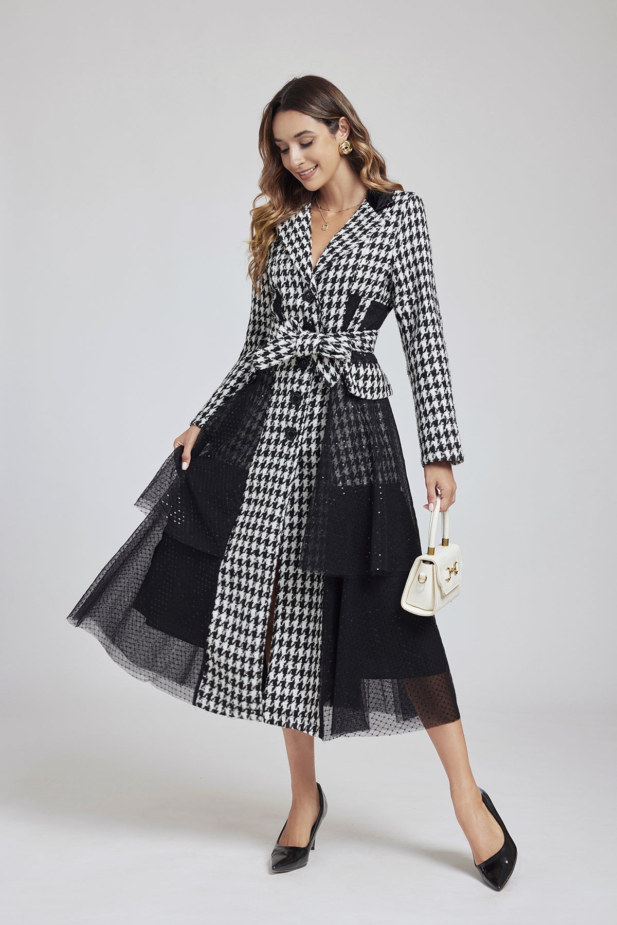 Plaid Tweed Sequin Lace Mesh Patchwork Dress
