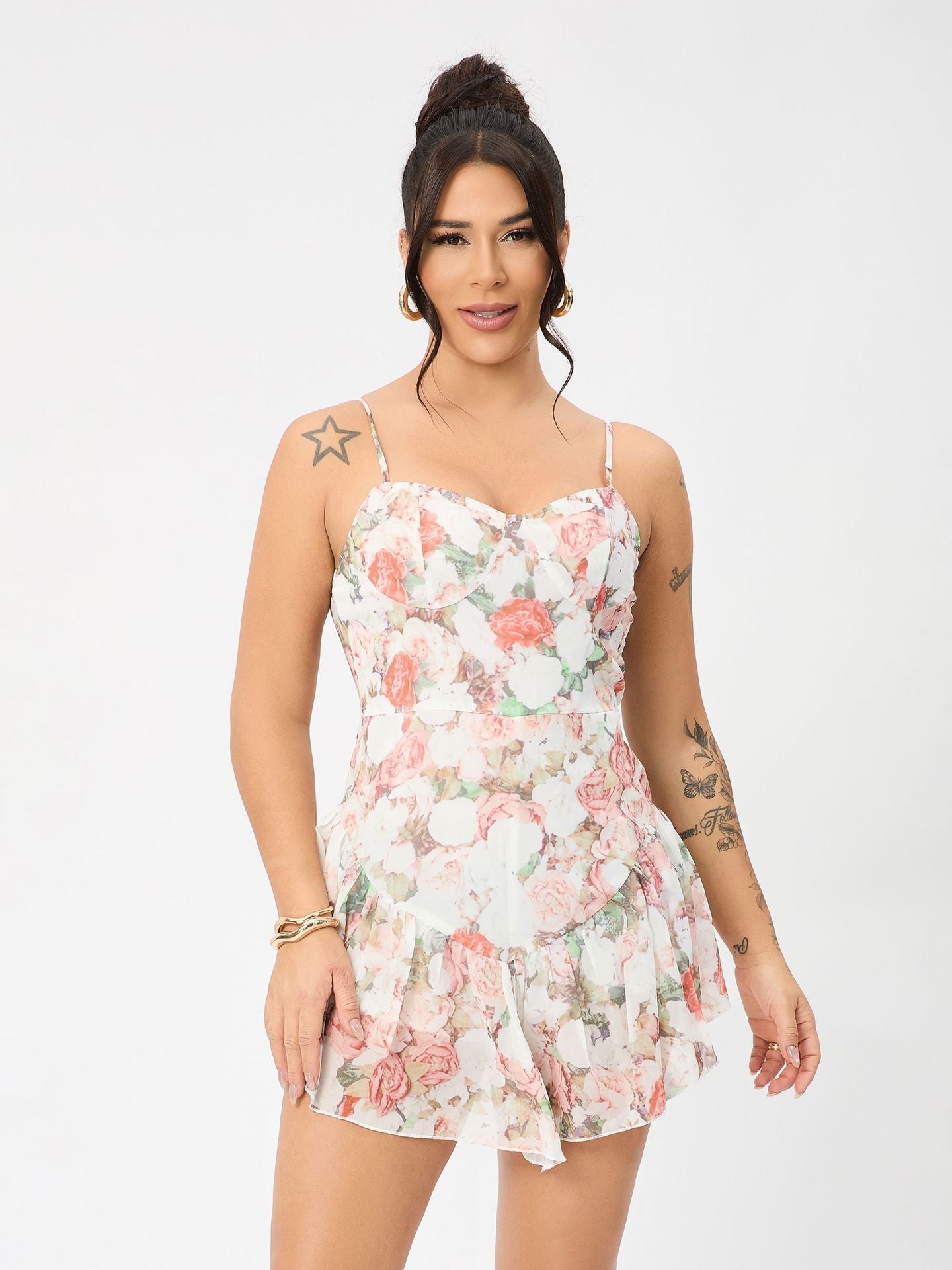 Floral Adjustable Shoulder Strap Ruffled Hem Mini Dress