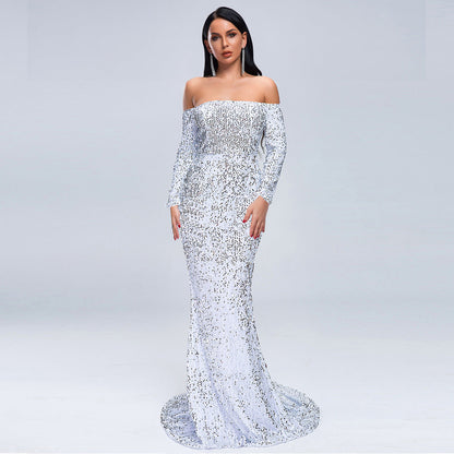 Tube Top off-Shoulder Long Sleeve Sequined Party Mop Evening Dress for Formal Gown