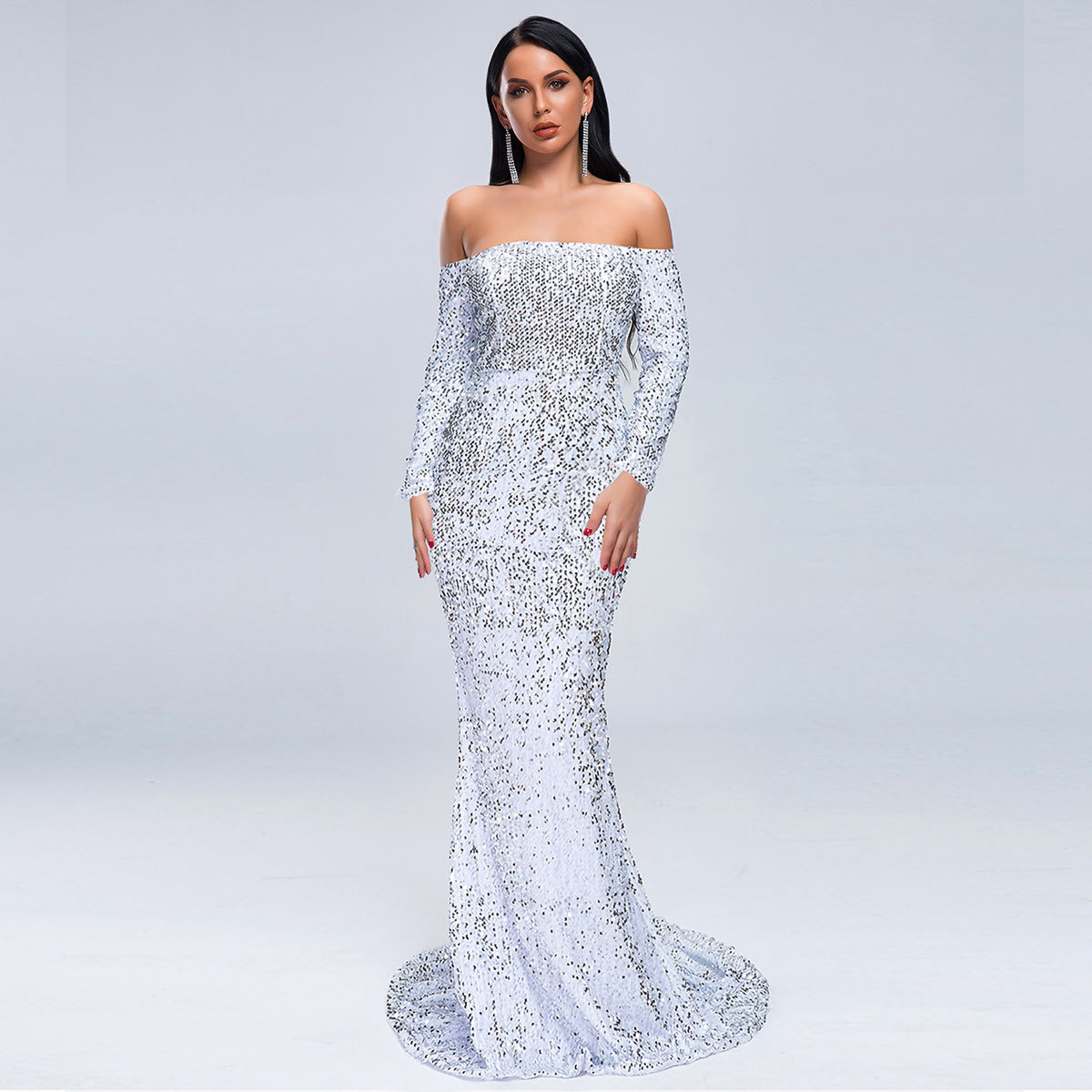 Tube Top off-Shoulder Long Sleeve Sequined Party Mop Evening Dress for Formal Gown