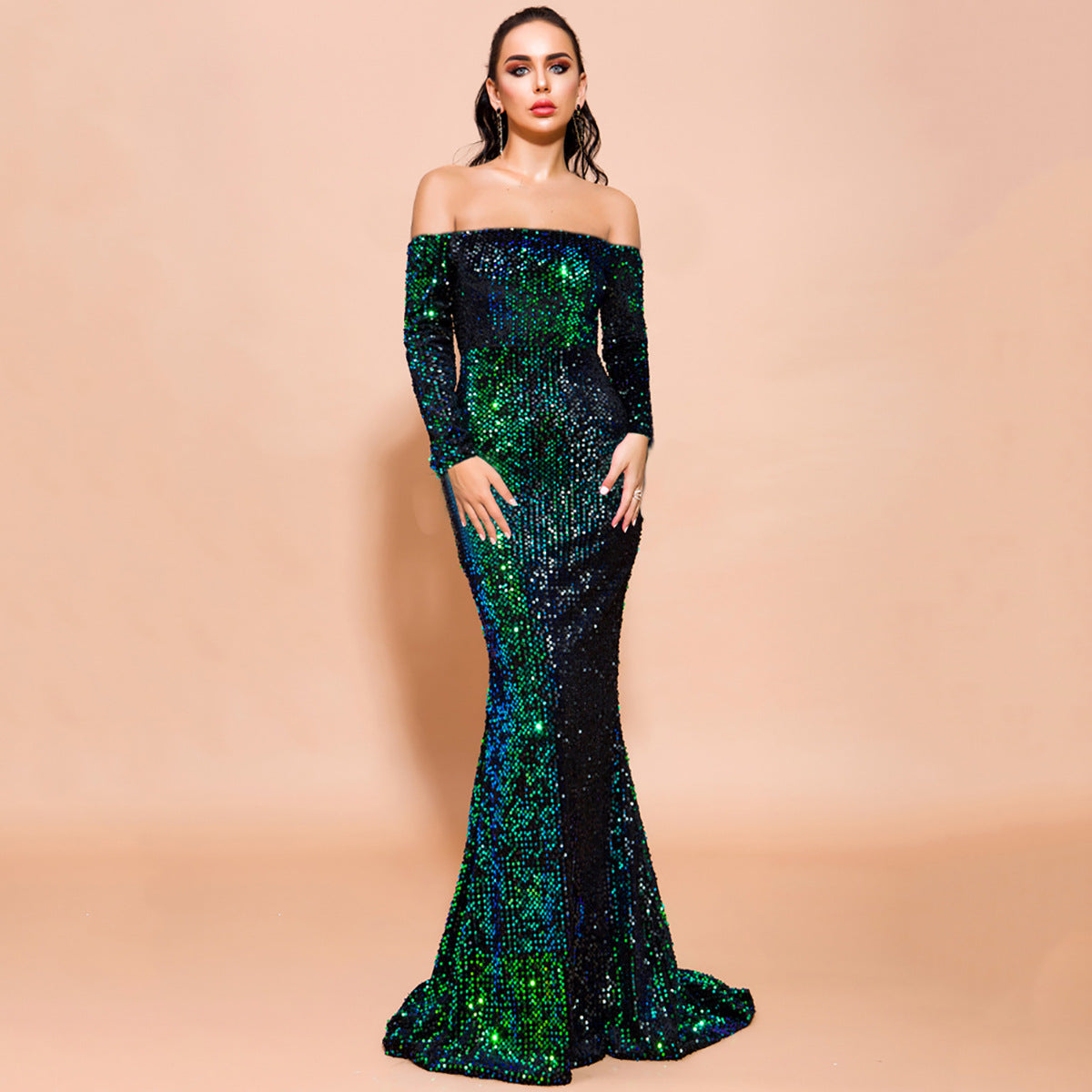 Tube Top off-Shoulder Long Sleeve Sequined Party Mop Evening Dress for Formal Gown