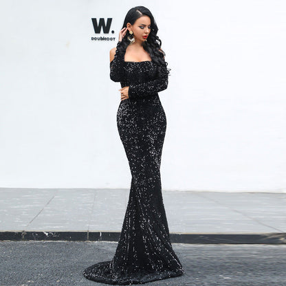 Tube Top off-Shoulder Long Sleeve Sequined Party Mop Evening Dress for Formal Gown