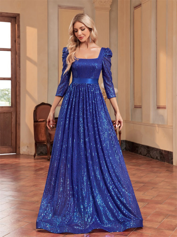 Sequin Blue Long Sleeved Evening Dress Slimming Elegant Cocktail Party Dress Bridesmaid