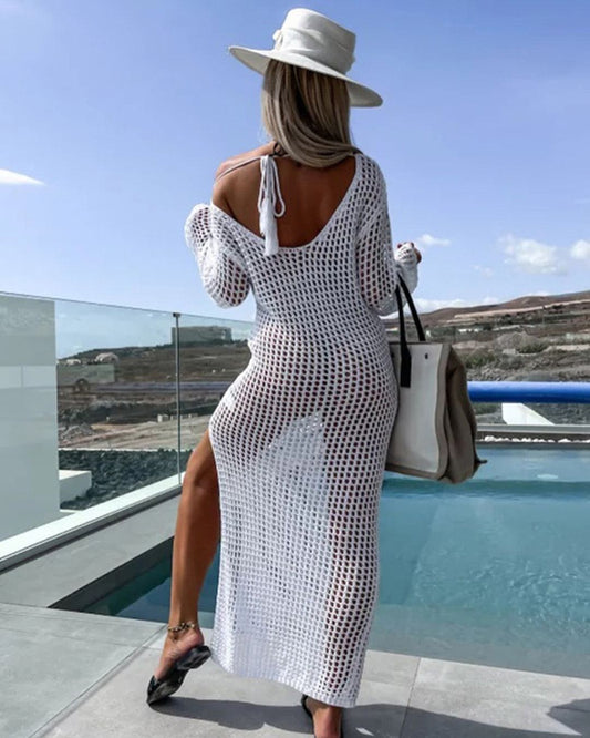 Vacation Beach Blouse Knitted Hollow Out Cutout out Maxi Dress Beach Cover Up Dress