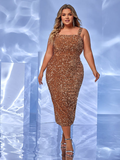 Plus Size Solid Color Square Collar Sequin Sling High Waist Evening Dress