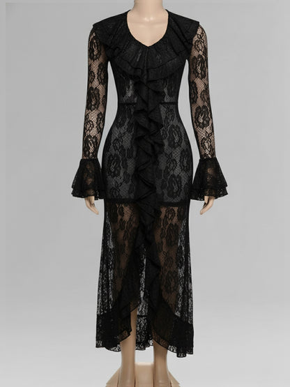 Daily White V Neck Long Sleeve Ruffle Casual Asymmetric Hem Lace Midi Dresses