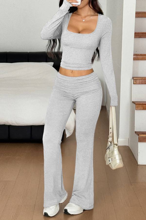 Sports style long-sleeved T-shirt and wide-leg pants suit