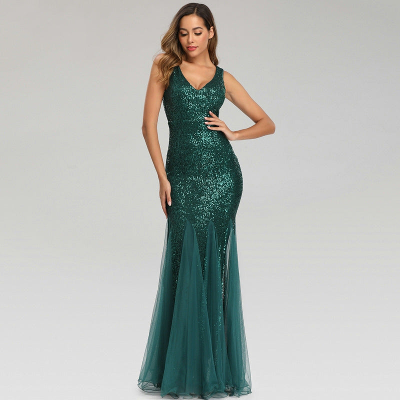 Sequin Stitching Mesh Mermaid Evening Dress Double V Neck Sleeveless Bridesmaid Elastic Dress