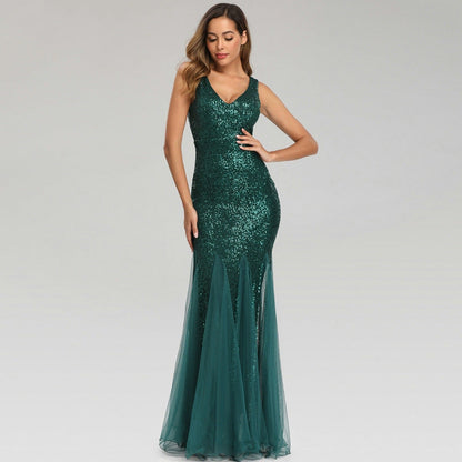 Sequin Stitching Mesh Mermaid Evening Dress Double V Neck Sleeveless Bridesmaid Elastic Dress