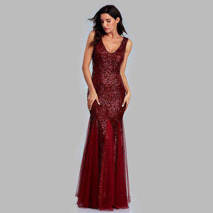 Sequin Stitching Mesh Mermaid Evening Dress Double V Neck Sleeveless Bridesmaid Elastic Dress