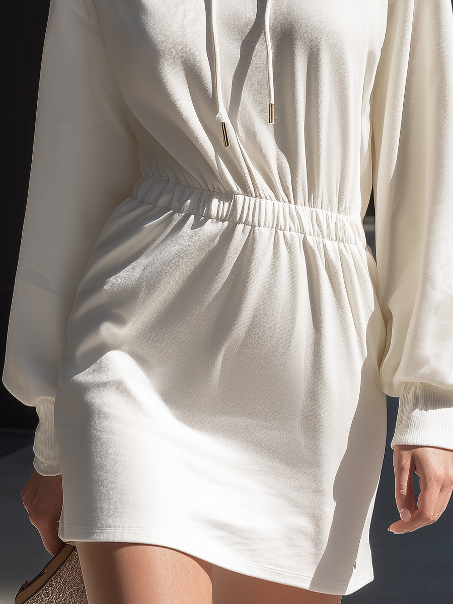 White Drawstring Hooded Sweatshirt Dress