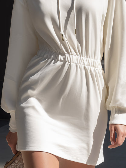 White Drawstring Hooded Sweatshirt Dress